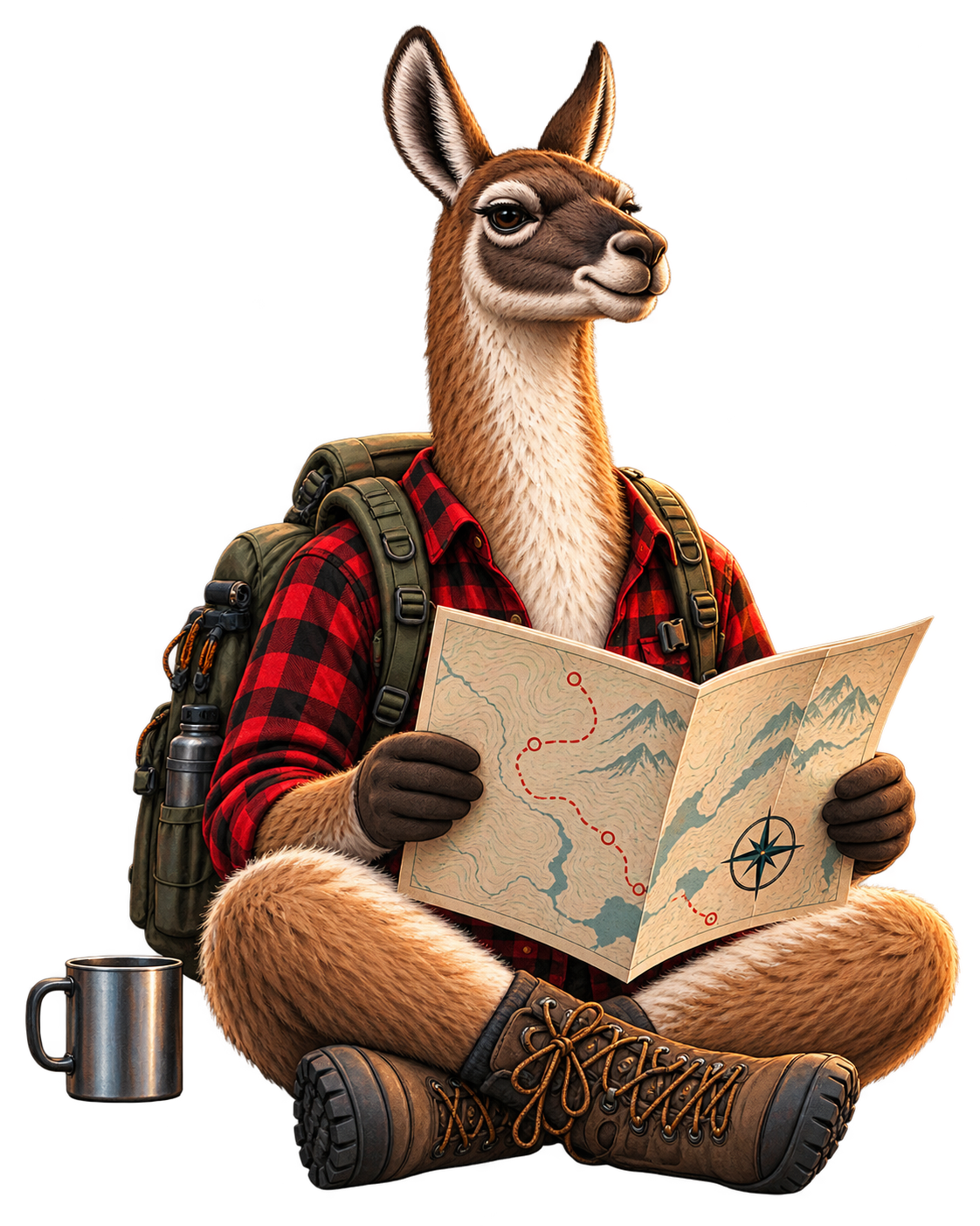 Guanaco explorer reading a map