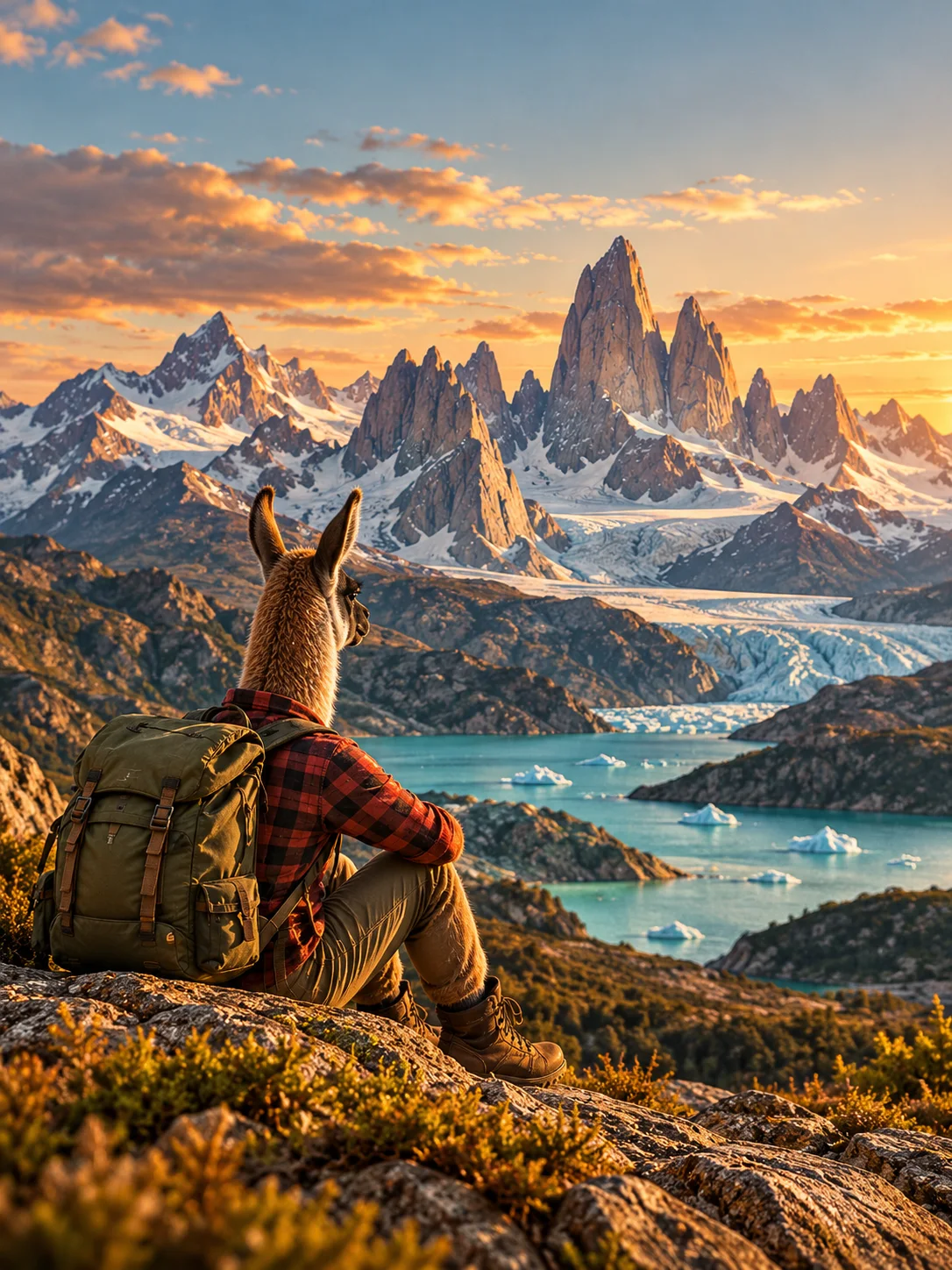 Illustrated Patagonia landscape with guanaco