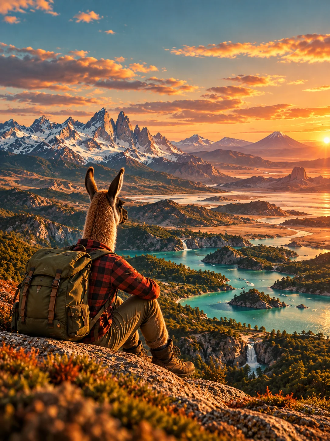 Illustrated South American landscape with guanaco