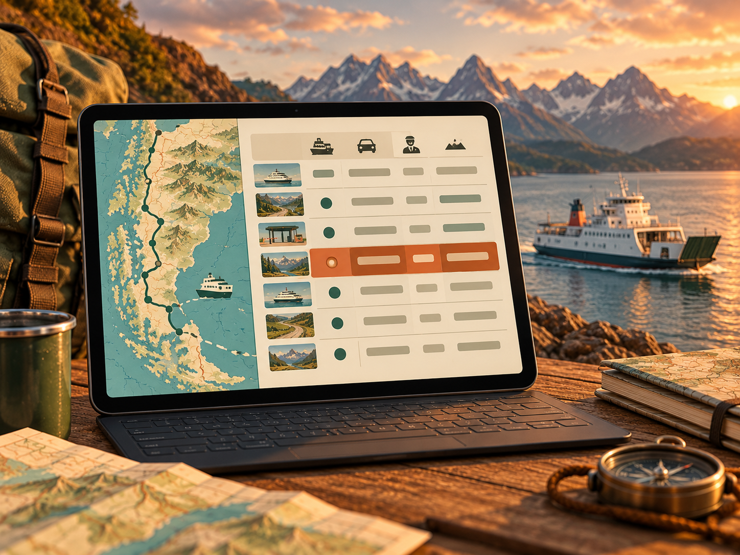 Concept art of a ferry and border dashboard