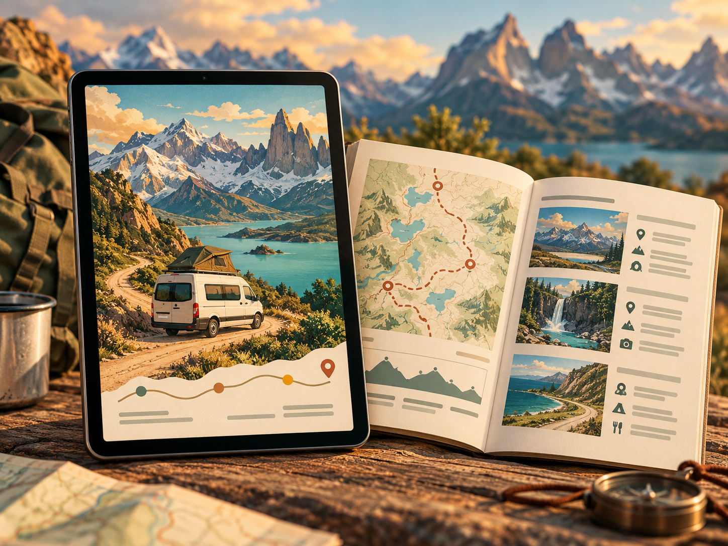 Concept art of a digital roadbook beside a printed guide